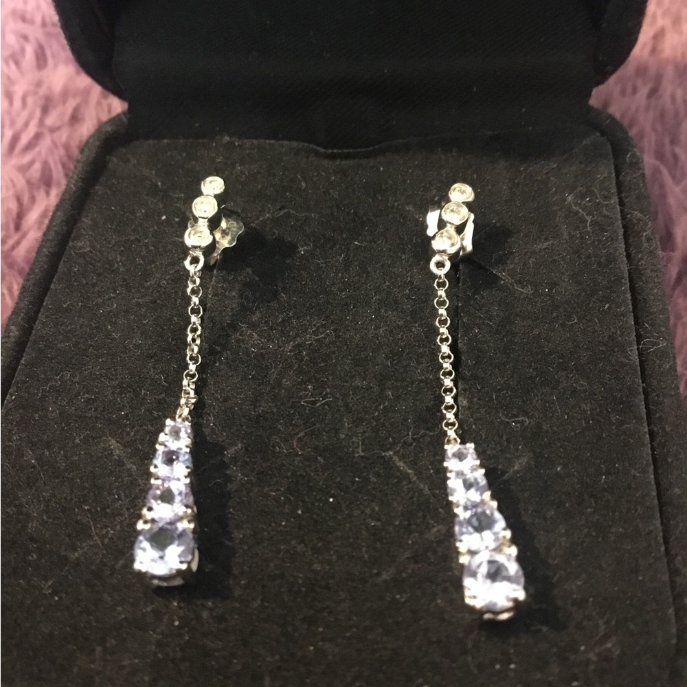 Vintage 10K White Gold Tanzanite & Diamond Accent Dangle Earrings - Picture 10 of 12